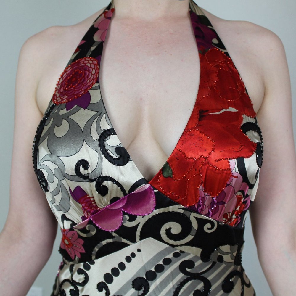 Silk abstract floral swirl pattern maxi gown